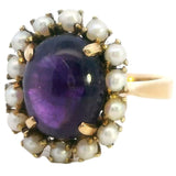 ELEGANT 18CT YELLOW GOLD 15 STONE AMETHYST & CULTURED PEARL CLUSTER RING
