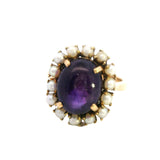 ELEGANT 18CT YELLOW GOLD 15 STONE AMETHYST & CULTURED PEARL CLUSTER RING