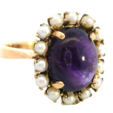 ELEGANT 18CT YELLOW GOLD 15 STONE AMETHYST & CULTURED PEARL CLUSTER RING