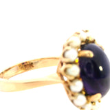 ELEGANT 18CT YELLOW GOLD 15 STONE AMETHYST & CULTURED PEARL CLUSTER RING