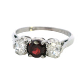 ELEGANT PLATINUM 3 STONE GARNET & DIAMOND RING