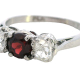 ELEGANT PLATINUM 3 STONE GARNET & DIAMOND RING