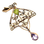 9ct Yellow Gold Brooch/Pendant with Peridot, Amethyst & Seed Pearl Gemstones