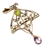 9ct Yellow Gold Brooch/Pendant with Peridot, Amethyst & Seed Pearl Gemstones