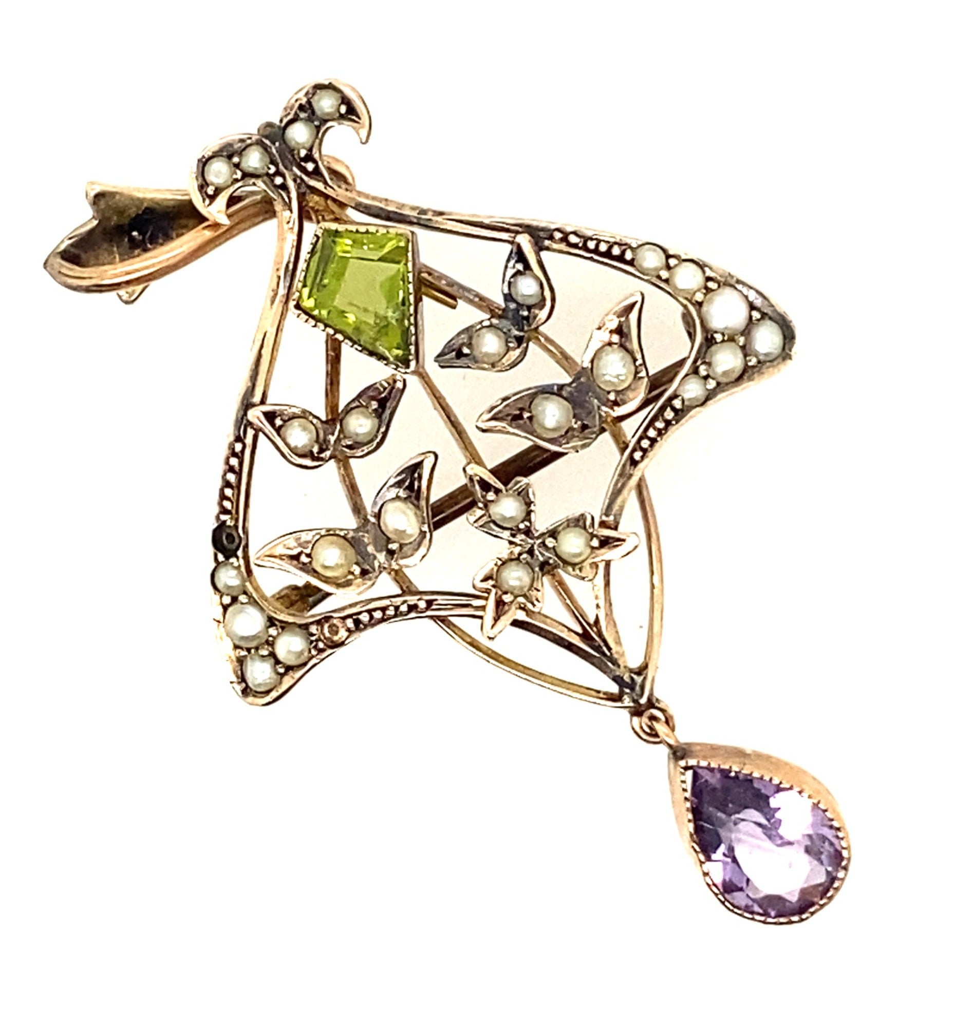 9ct Yellow Gold Brooch/Pendant with Peridot, Amethyst & Seed Pearl Gemstones