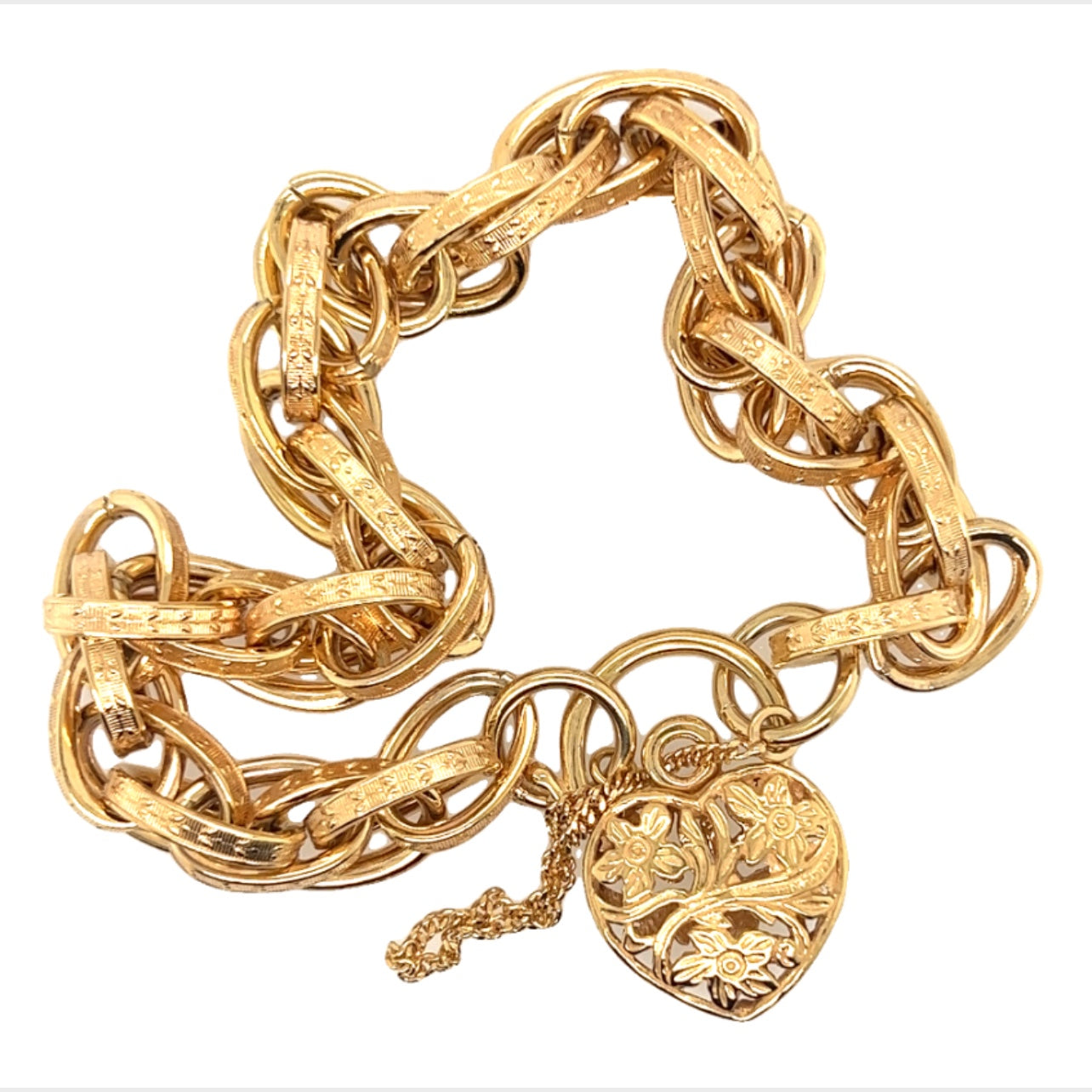 Yellow Gold Bracelet with Engraved links & Floral Padlock Clasp