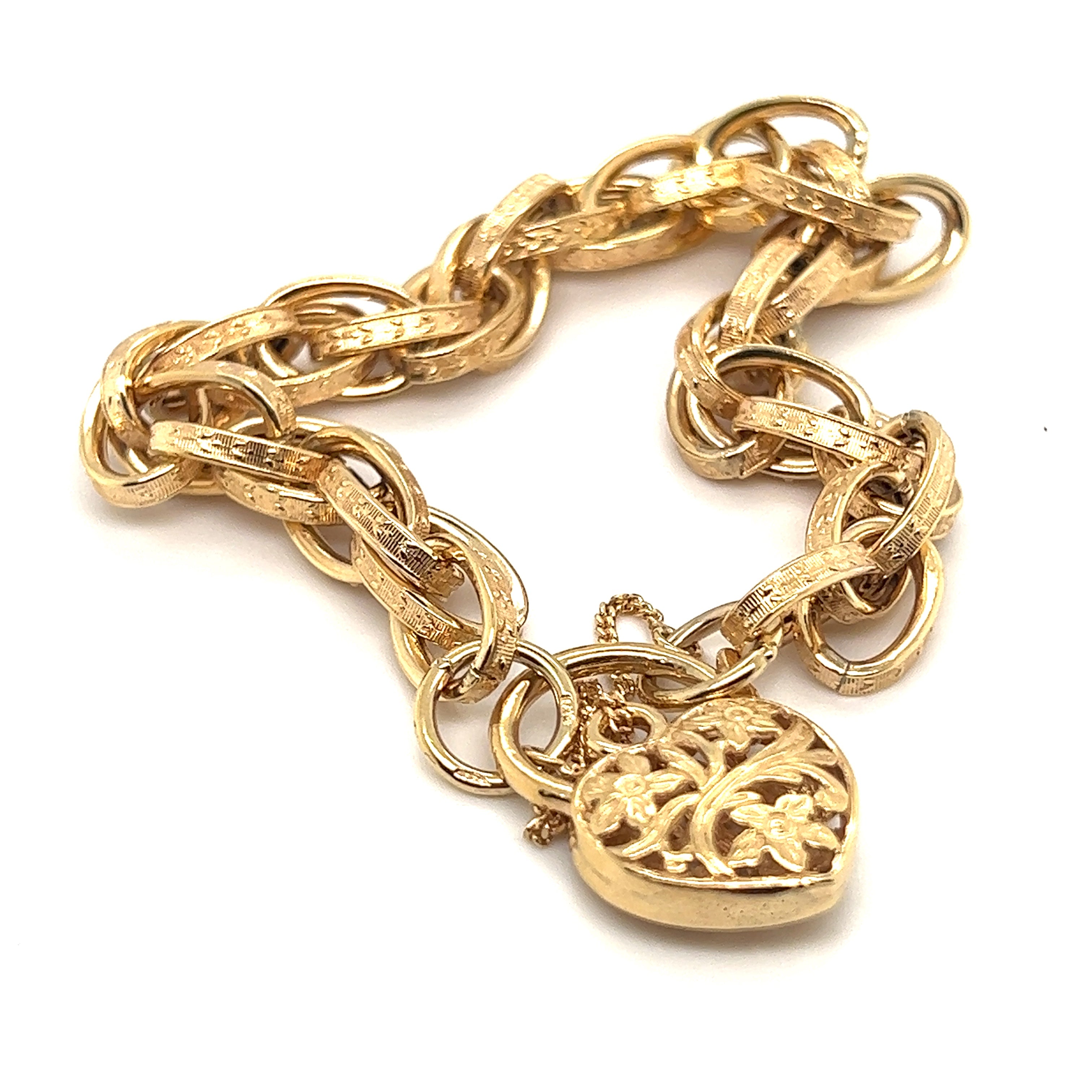 Yellow Gold Bracelet with Engraved links & Floral Padlock Clasp