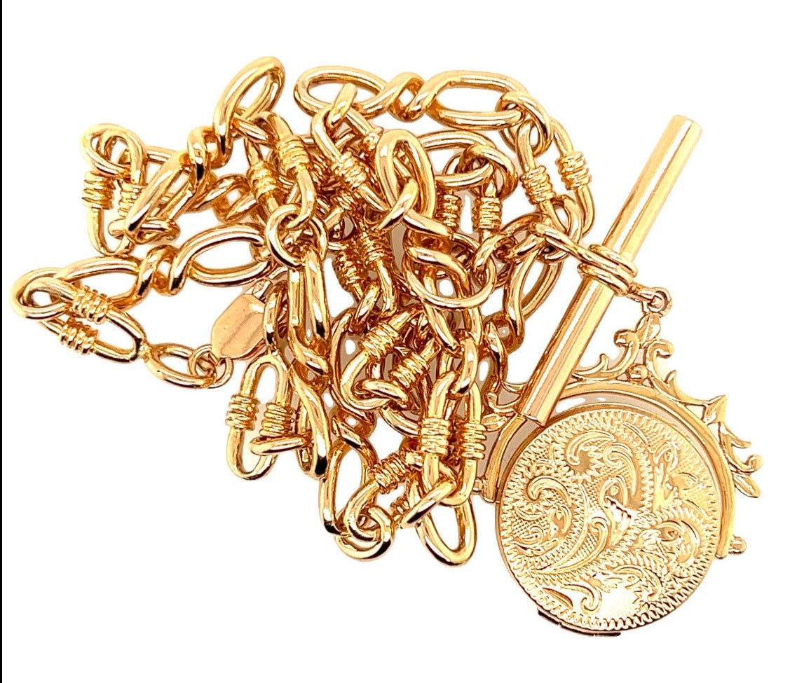 Gold Fancy Link Chain with Fob Bar and Spinner Pendant