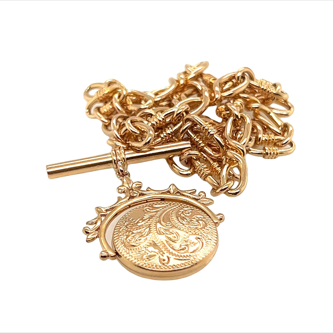 Gold Fancy Link Chain with Fob Bar and Spinner Pendant