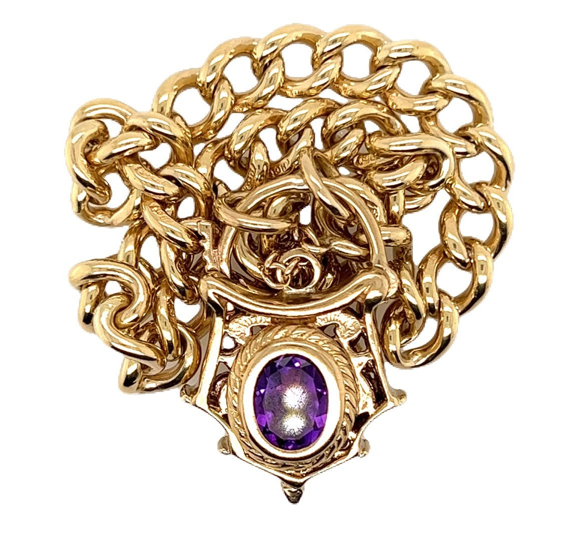 Yellow Gold Curb Link Bracelet with Amethyst Filigree Padlock