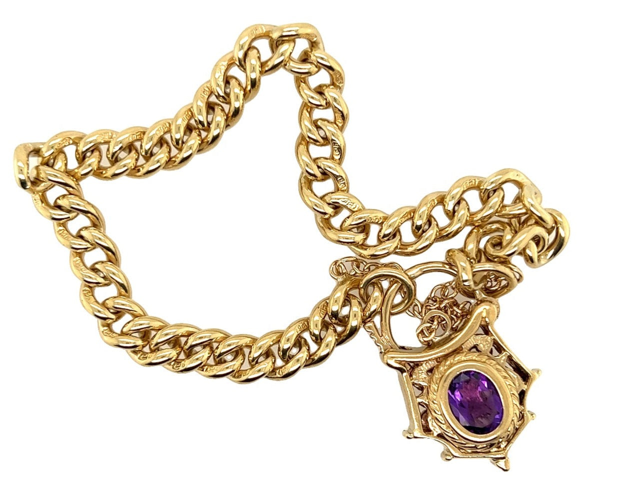 Yellow Gold Curb Link Bracelet with Amethyst Filigree Padlock
