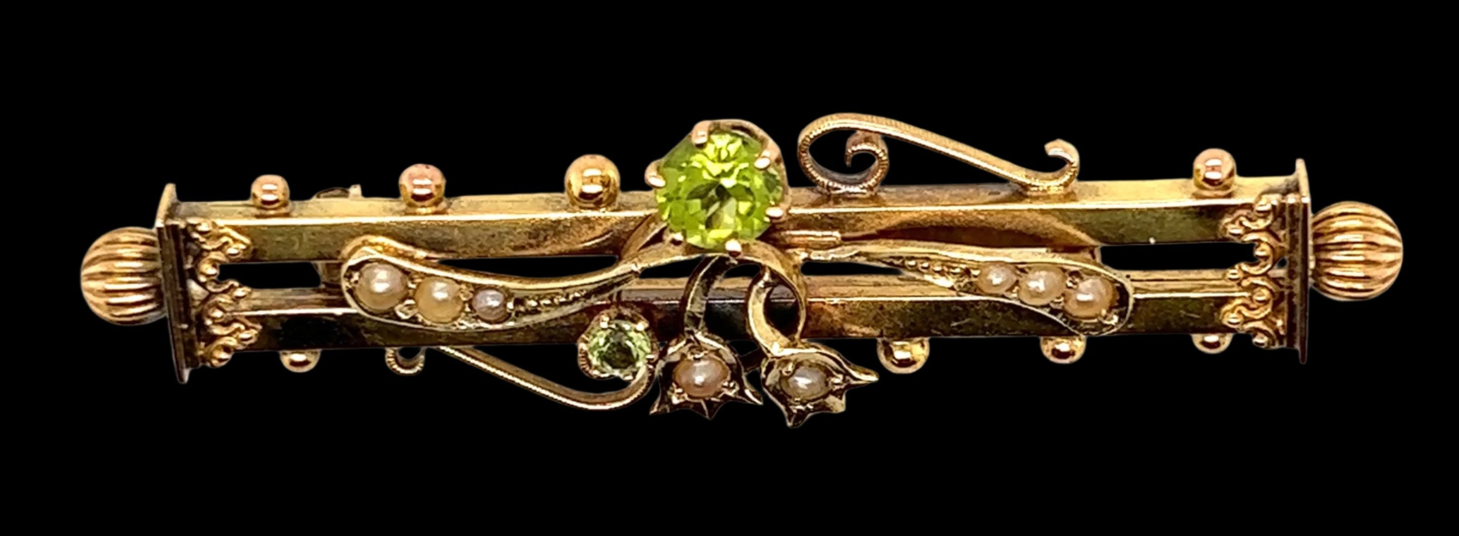 Antique 15ct Yellow Gold Peridot & Pearl Double Bar Brooch