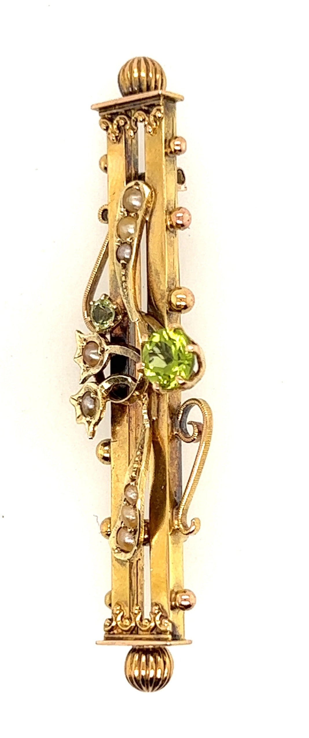 Antique 15ct Yellow Gold Peridot & Pearl Double Bar Brooch