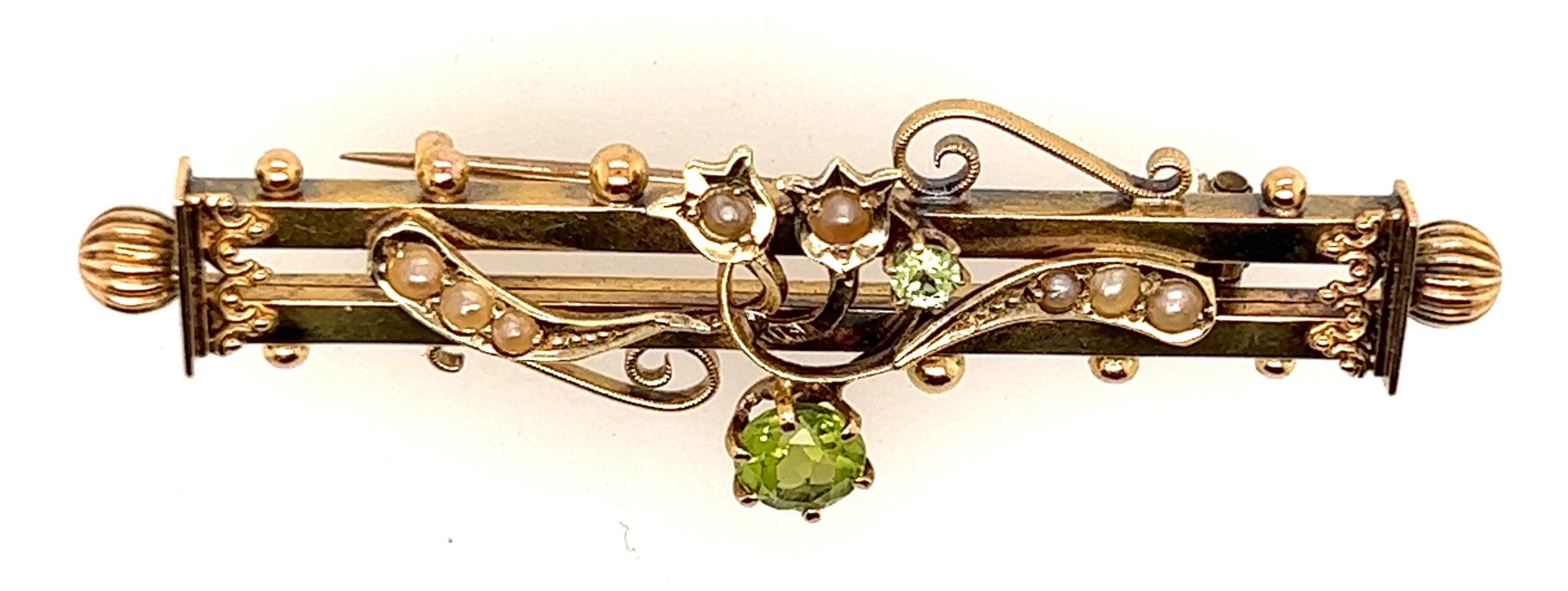 Antique 15ct Yellow Gold Peridot & Pearl Double Bar Brooch