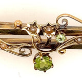 Antique 15ct Yellow Gold Peridot & Pearl Double Bar Brooch