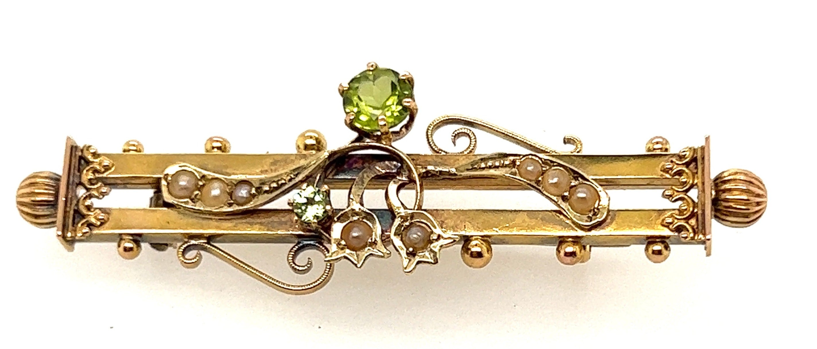 Antique 15ct Yellow Gold Peridot & Pearl Double Bar Brooch