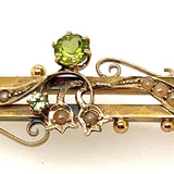 Antique 15ct Yellow Gold Peridot & Pearl Double Bar Brooch