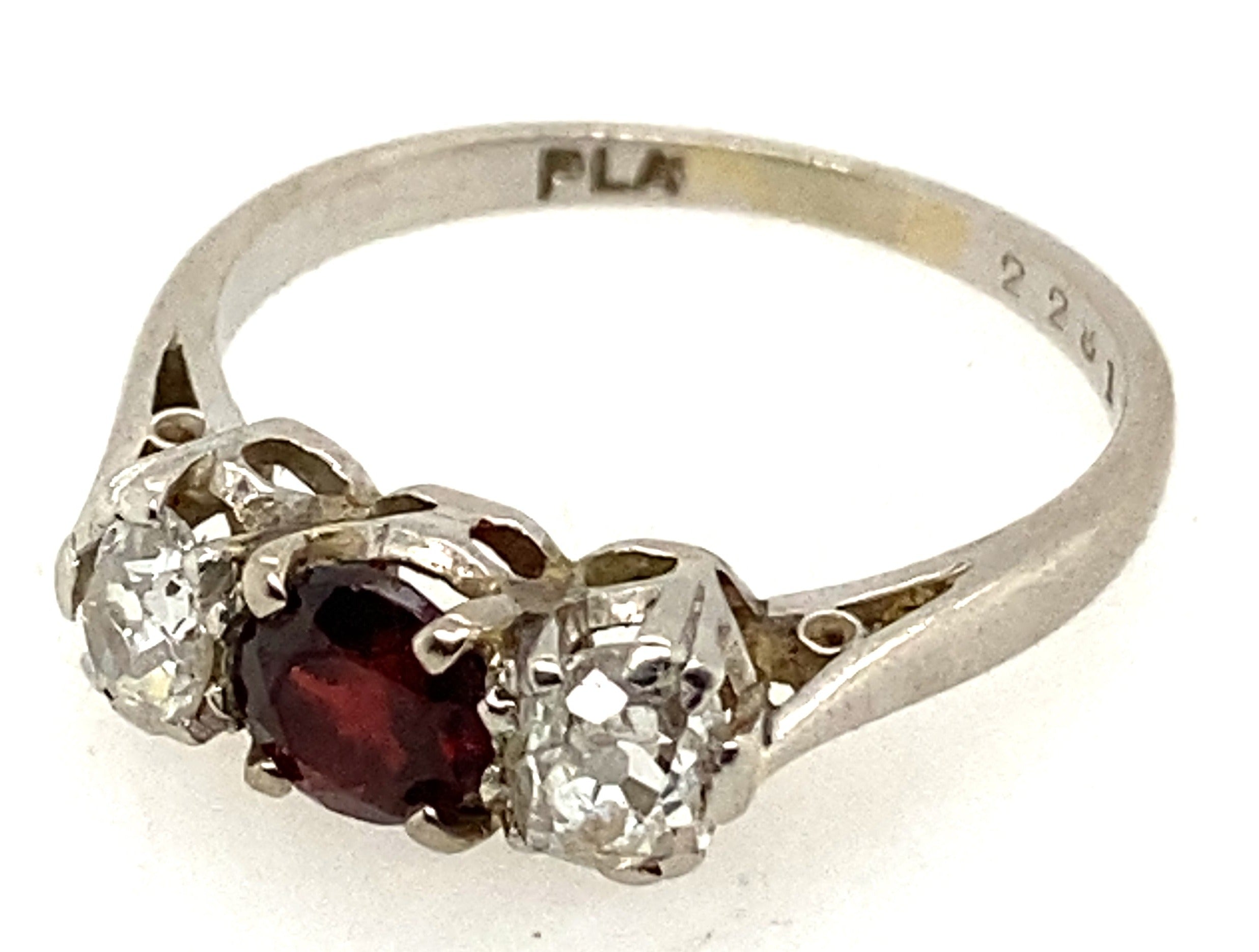 Platinum 3 Stone Garnet & Diamond Handmade Ring