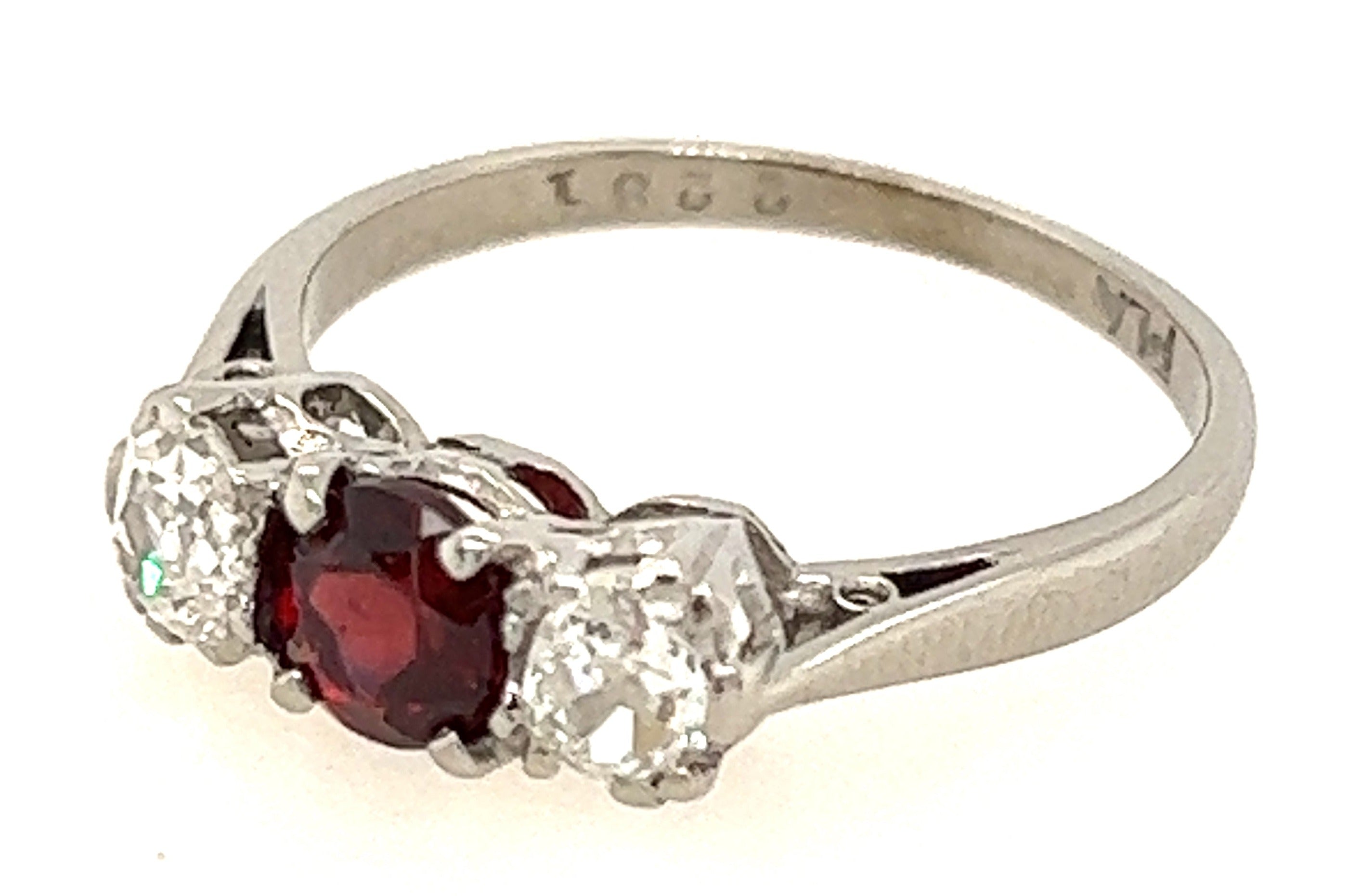 Platinum 3 Stone Garnet & Diamond Handmade Ring