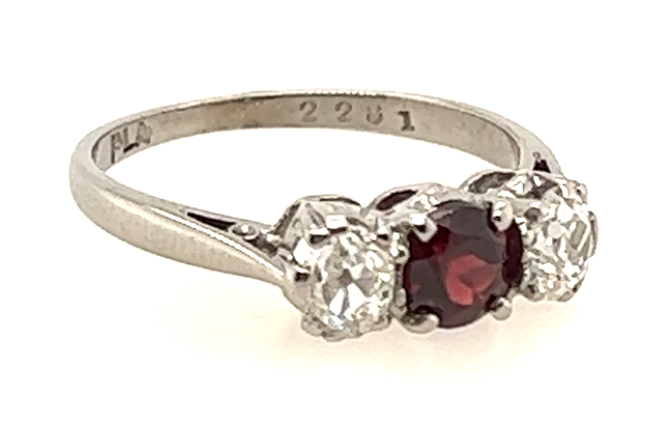 Platinum 3 Stone Garnet & Diamond Handmade Ring