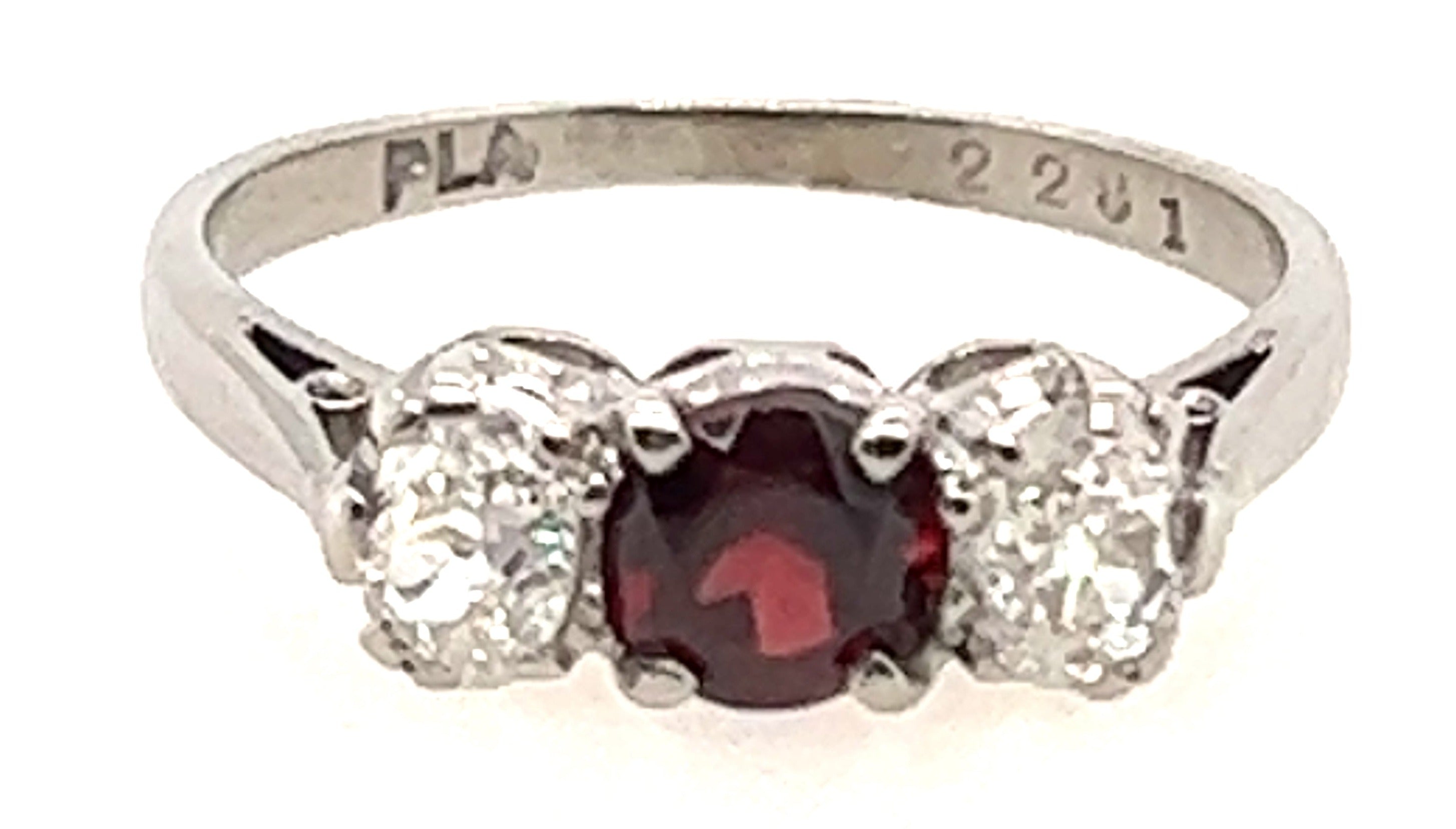Platinum 3 Stone Garnet & Diamond Handmade Ring
