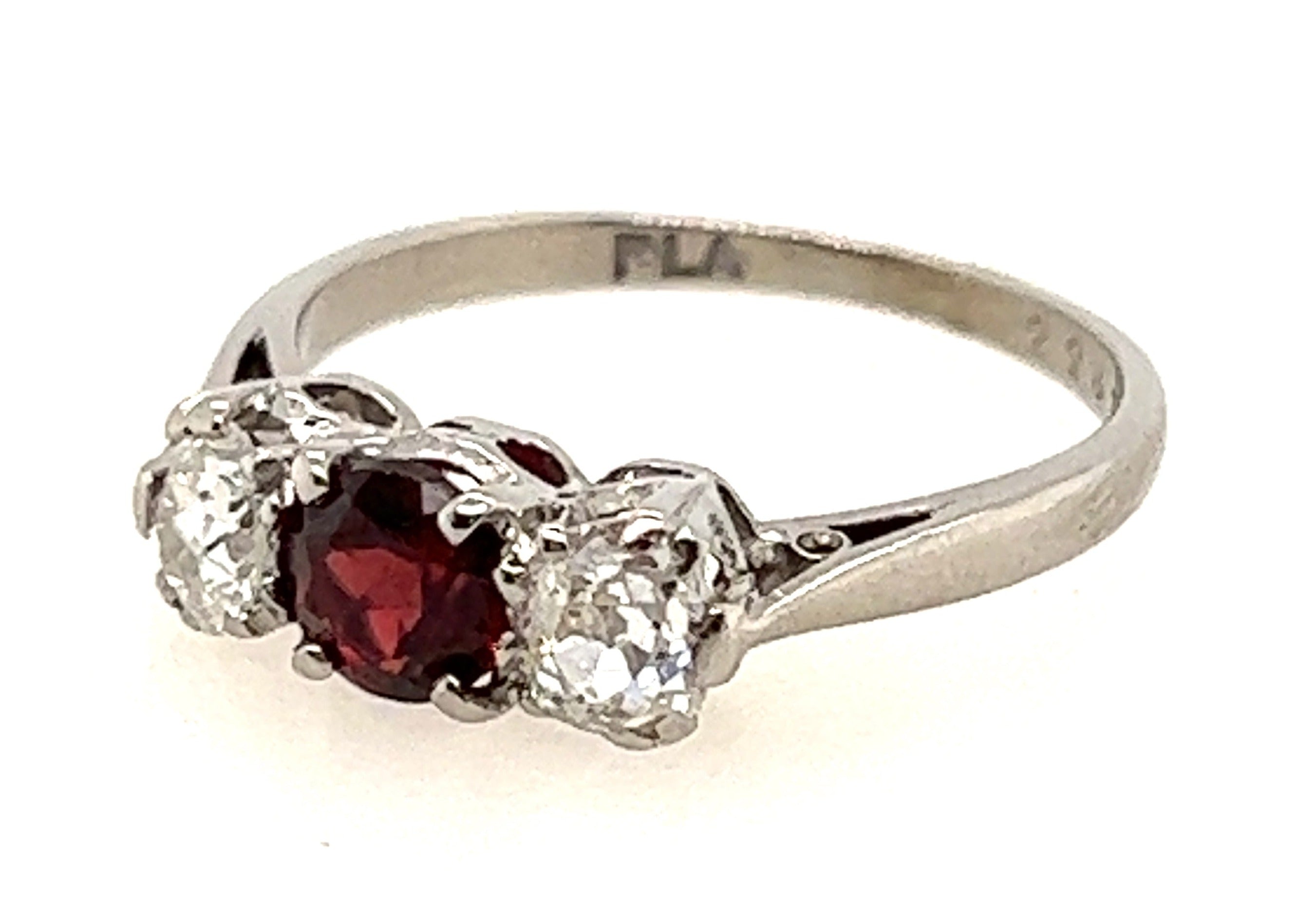 Platinum 3 Stone Garnet & Diamond Handmade Ring