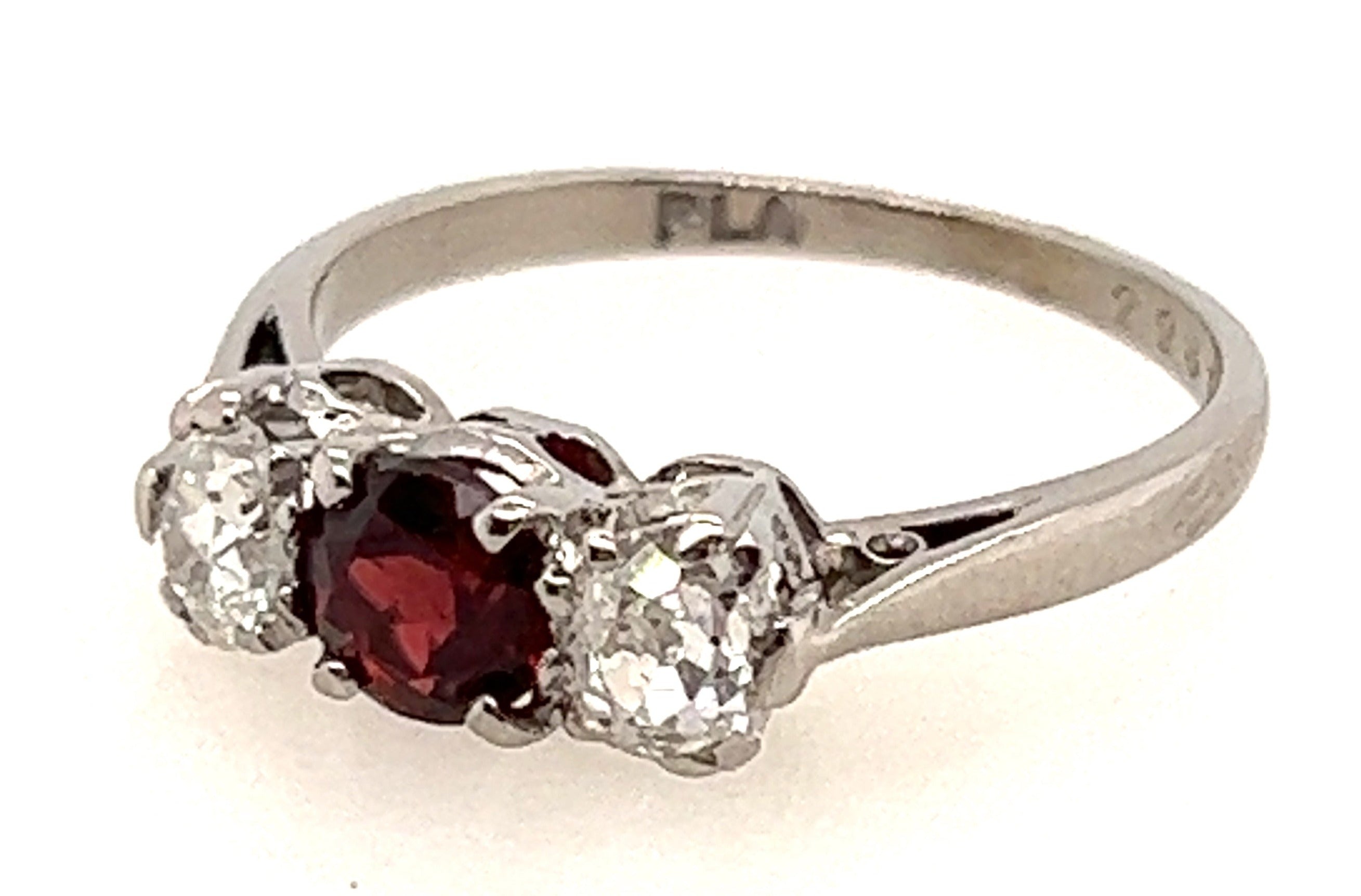 Platinum 3 Stone Garnet & Diamond Handmade Ring