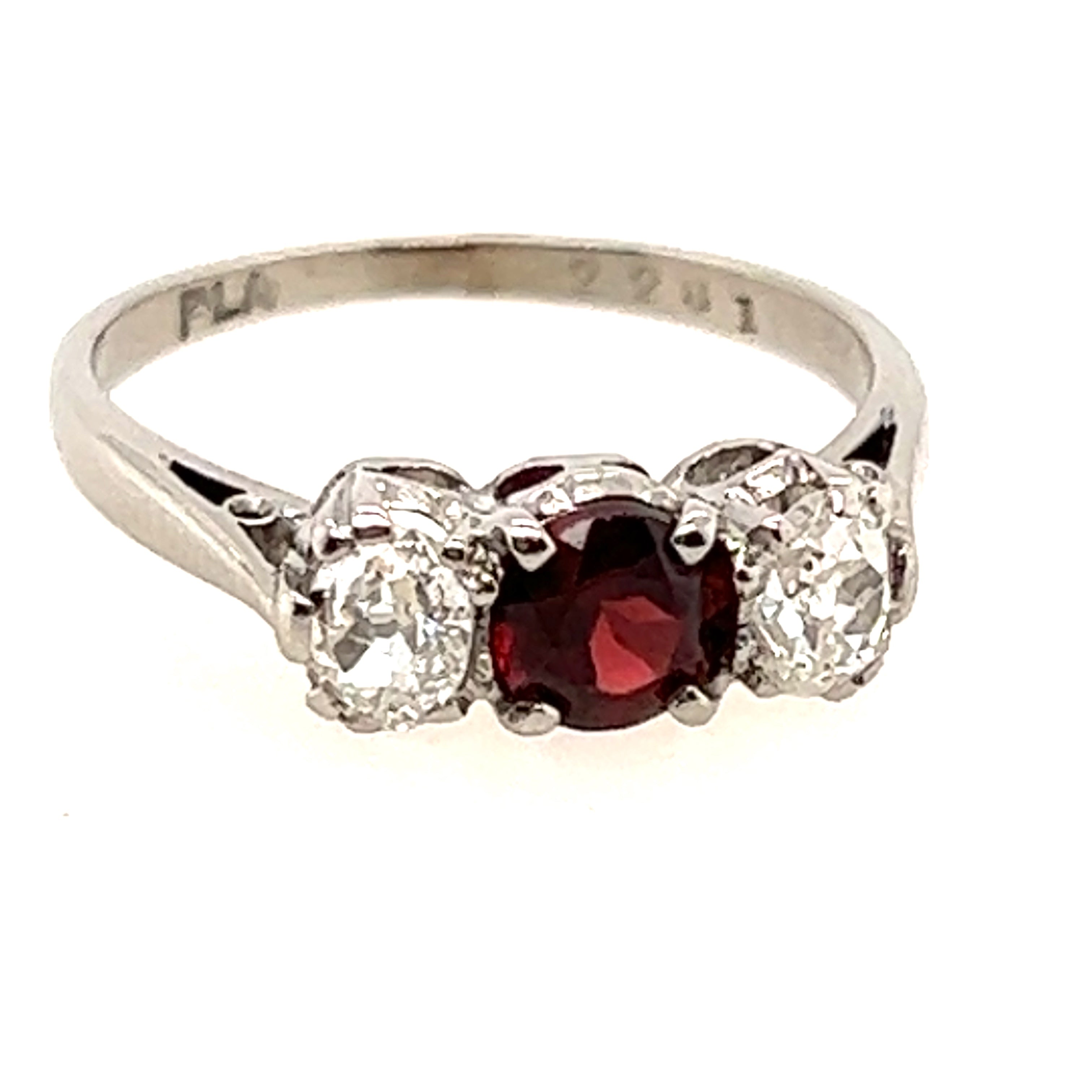 Platinum 3 Stone Garnet & Diamond Handmade Ring