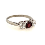 ELEGANT PLATINUM 3 STONE GARNET & DIAMOND RING