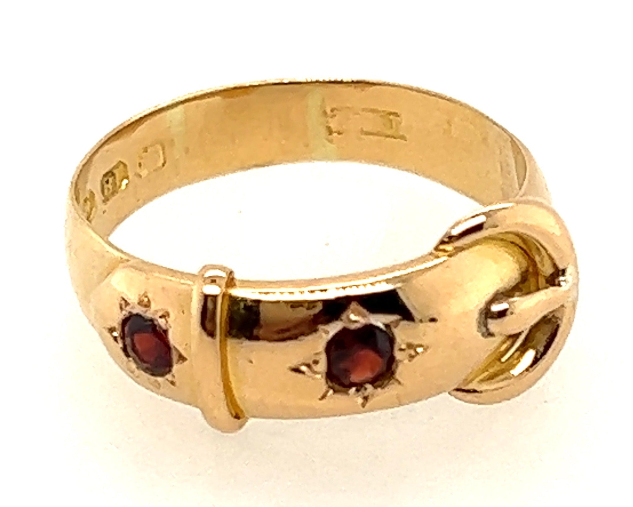 Antique 18ct Yellow Gold & Garnet Buckle Handmade Ring Birmingham Circa 1879