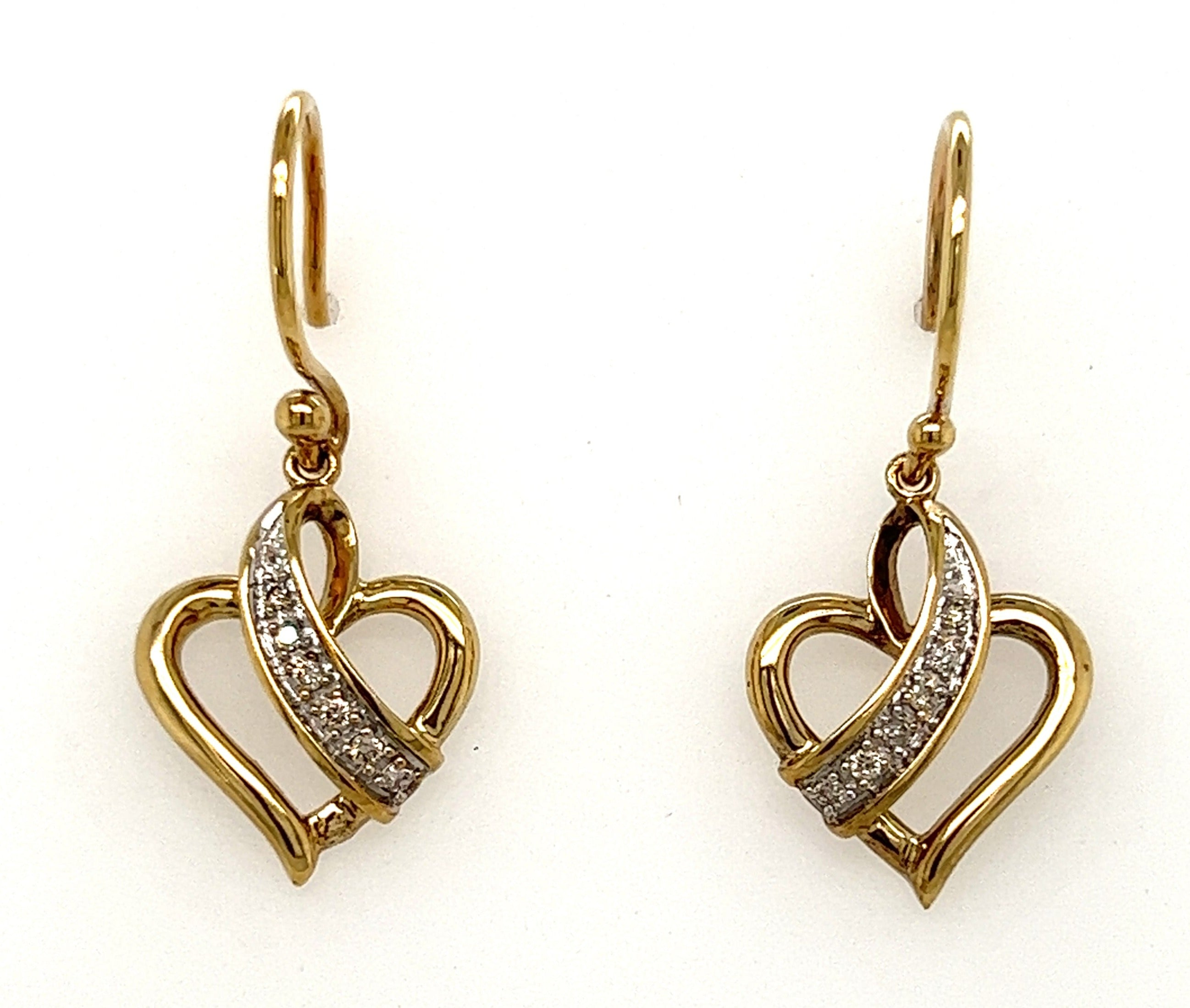 9ct Yellow Gold & Diamond Heart Shaped Shepherd Hook Earrings