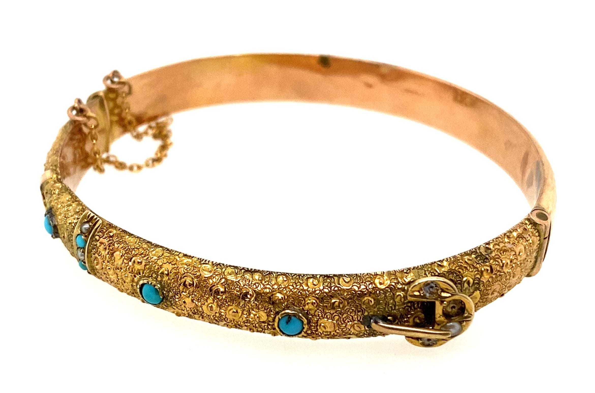 9ct Yellow Gold Turquoise & Seed Pearl Antique Bangle Circa 1900