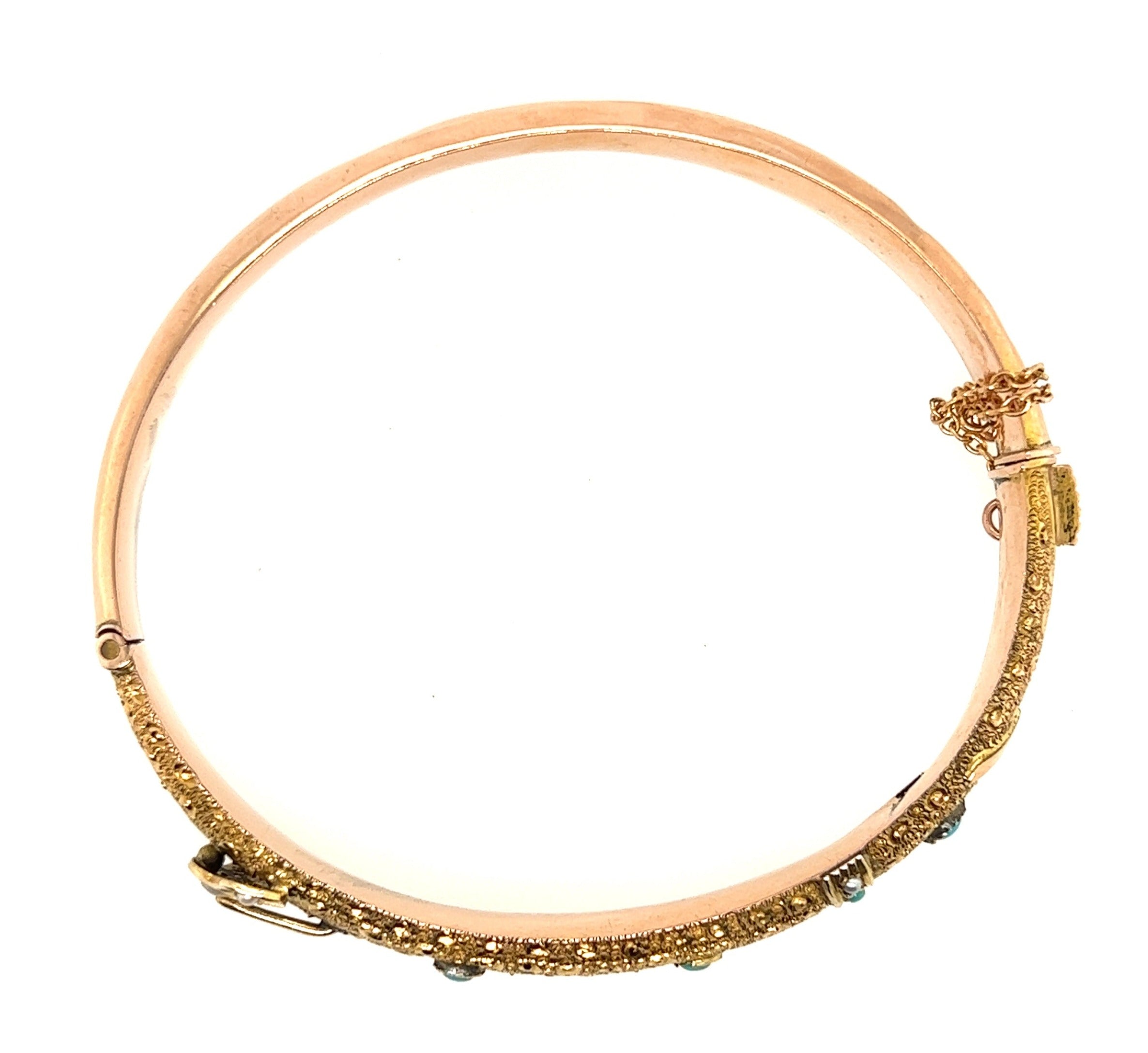 9ct Yellow Gold Turquoise & Seed Pearl Antique Bangle Circa 1900