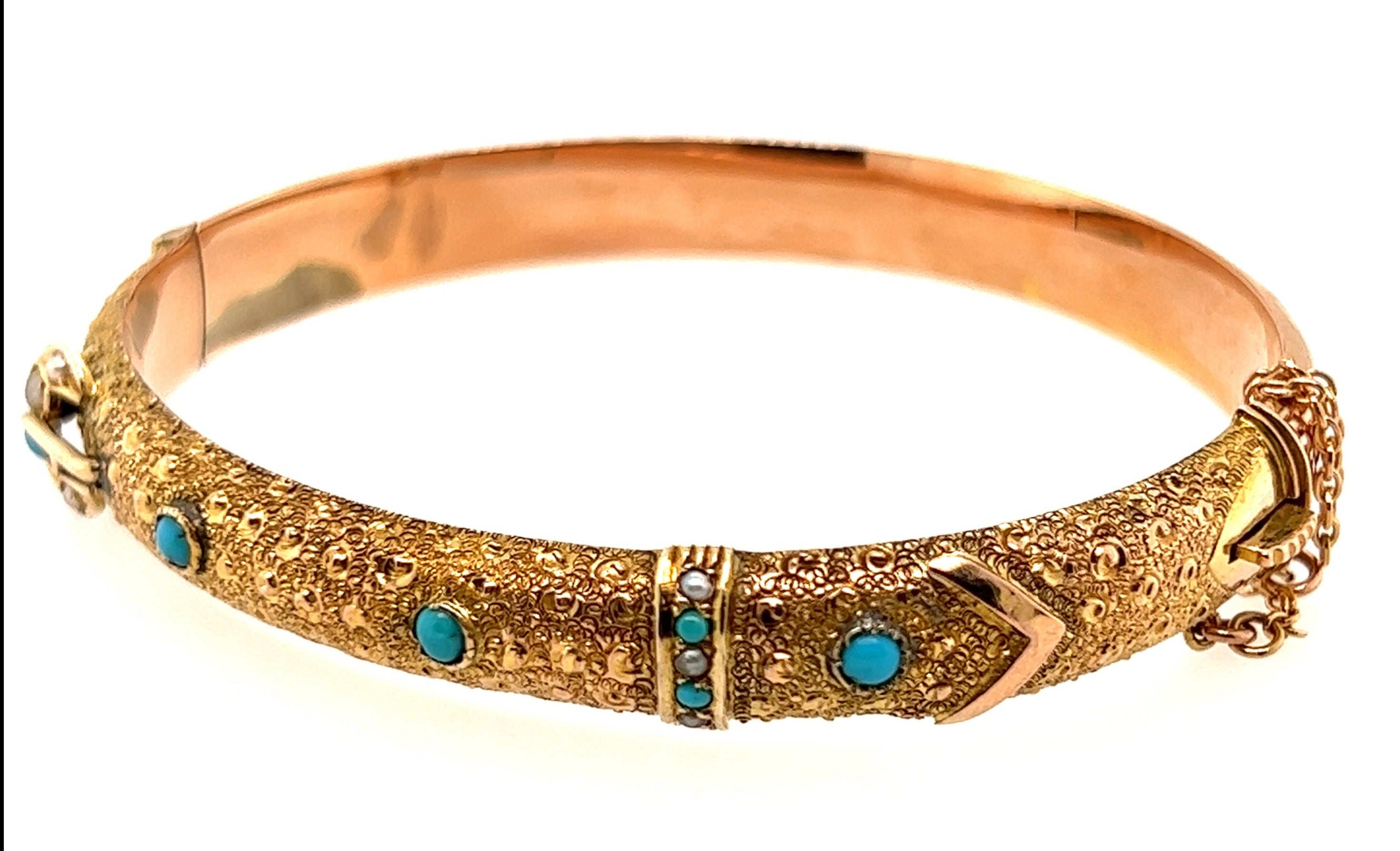 9ct Yellow Gold Turquoise & Seed Pearl Antique Bangle Circa 1900