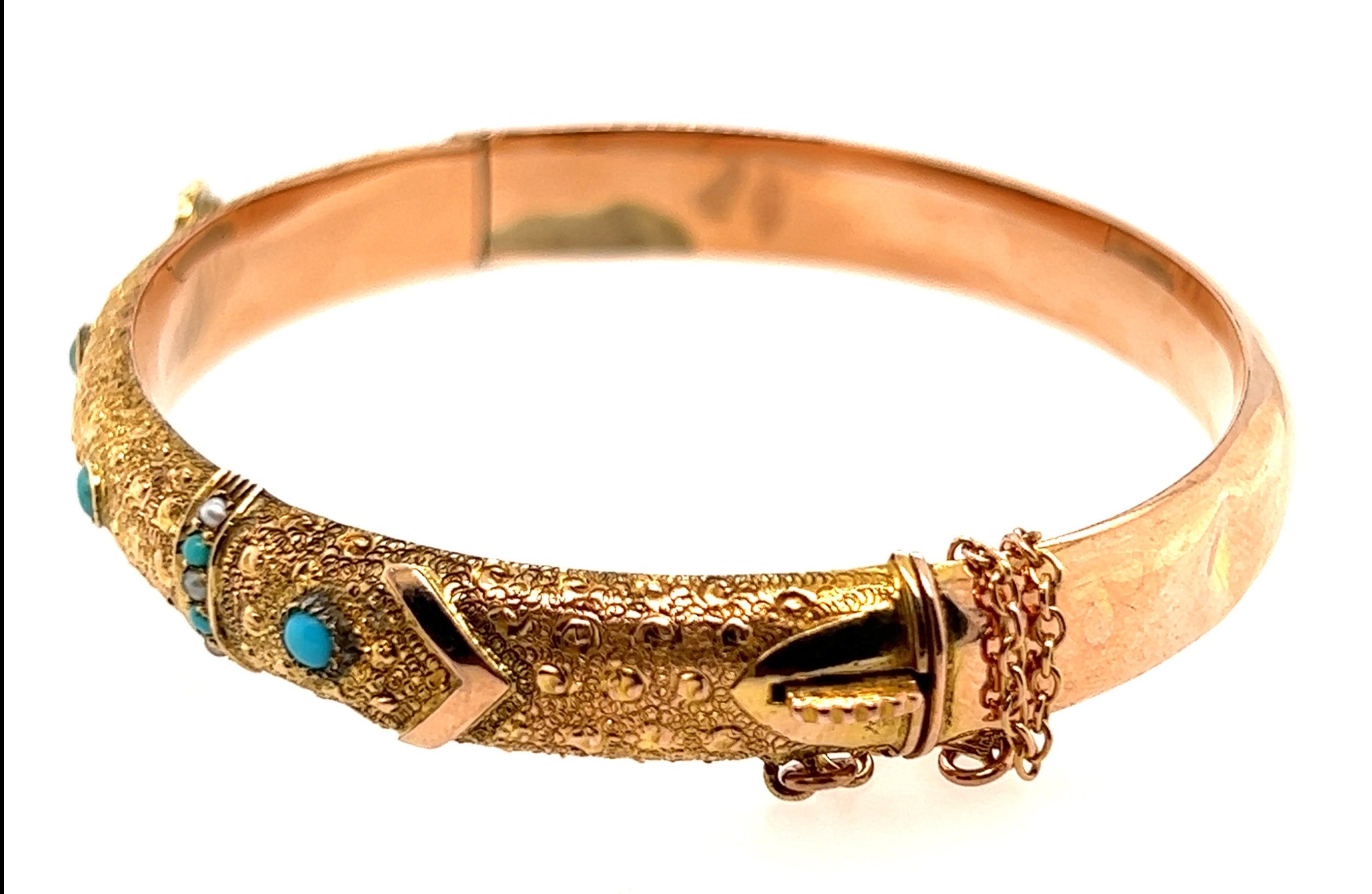 9ct Yellow Gold Turquoise & Seed Pearl Antique Bangle Circa 1900