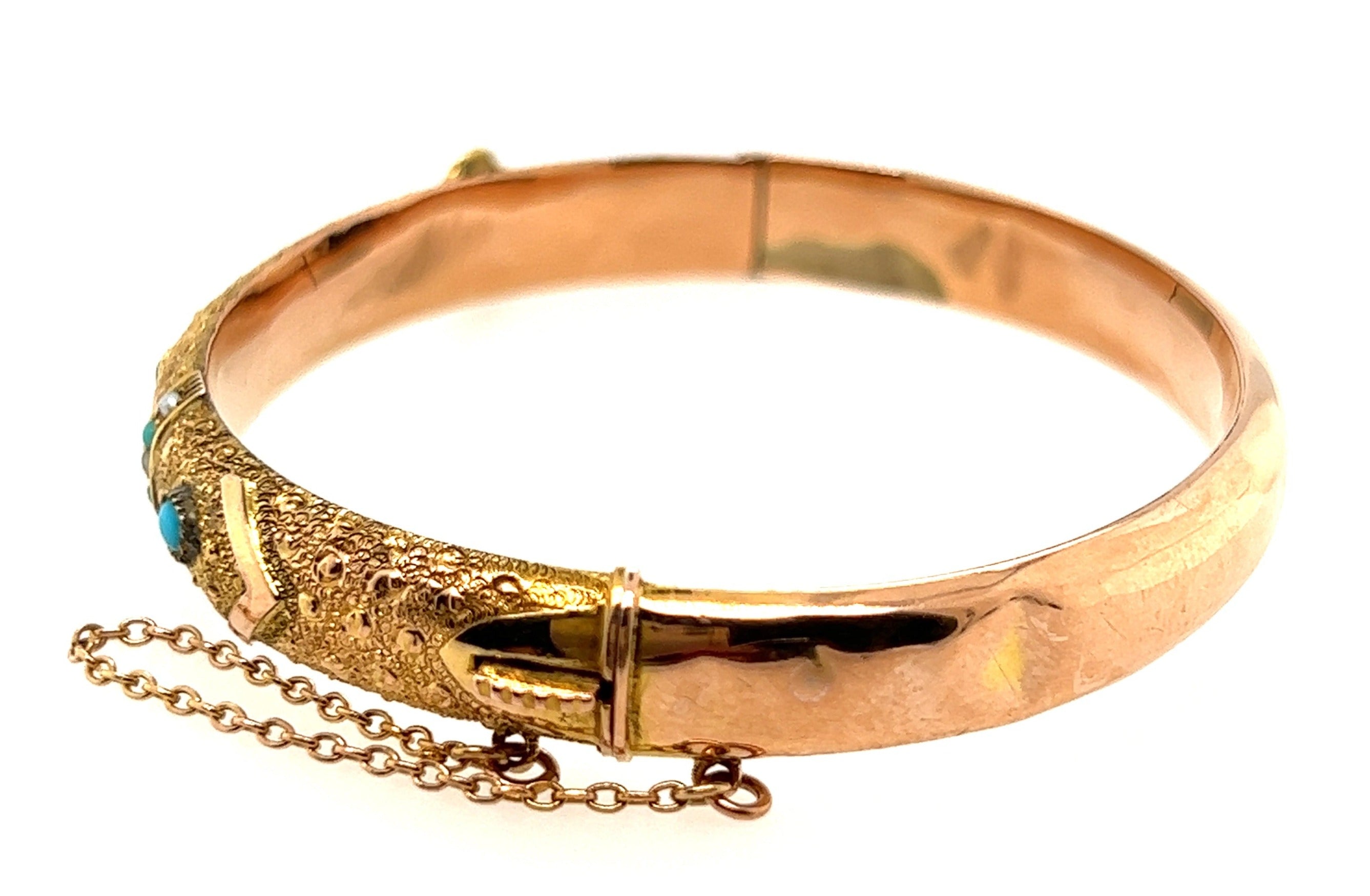 9ct Yellow Gold Turquoise & Seed Pearl Antique Bangle Circa 1900