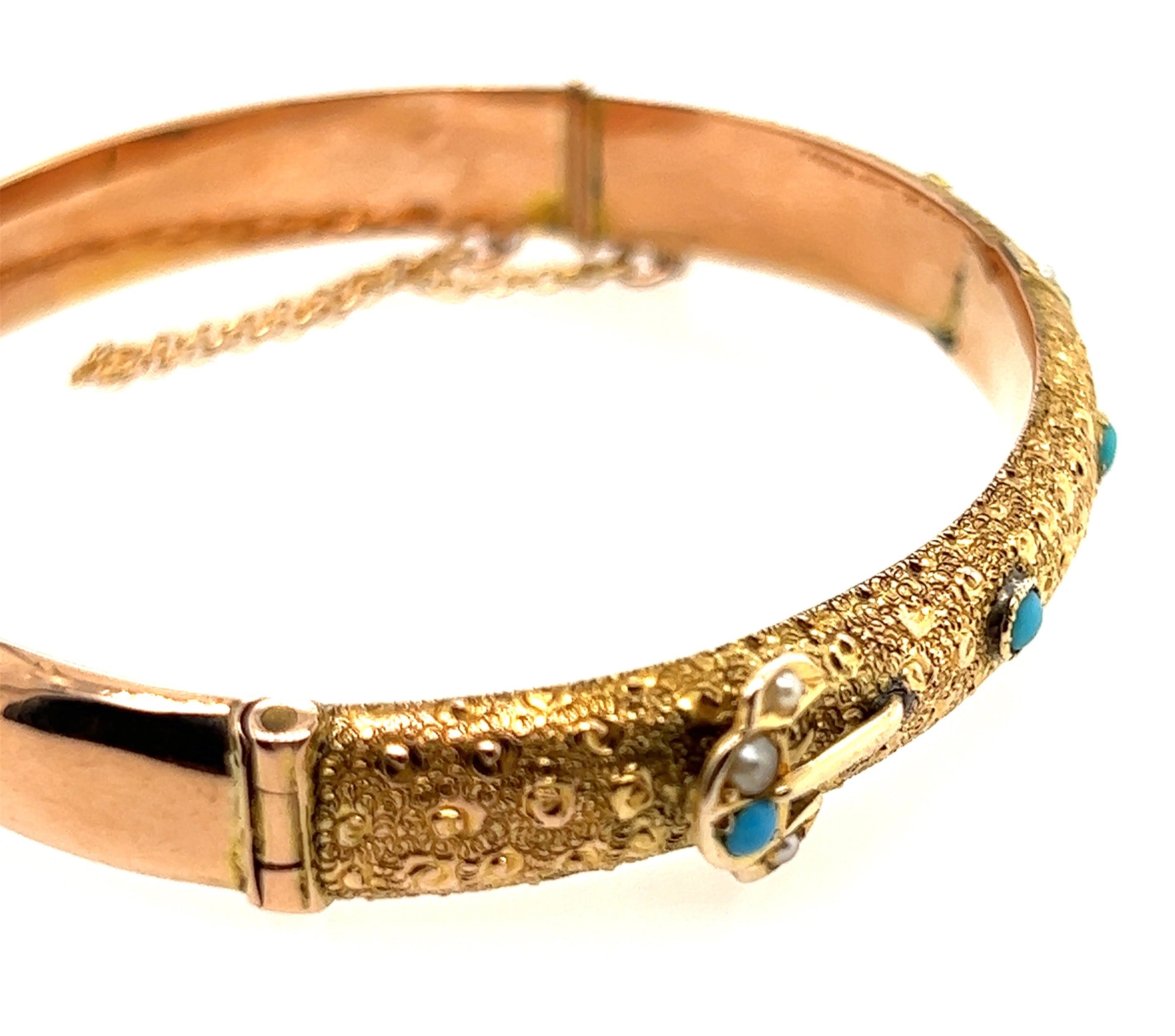 9ct Yellow Gold Turquoise & Seed Pearl Antique Bangle Circa 1900