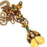 14ct & 9ct Yellow Gold Emerald, Ruby, Diamond & Acorn Seed Vintage Necklet
