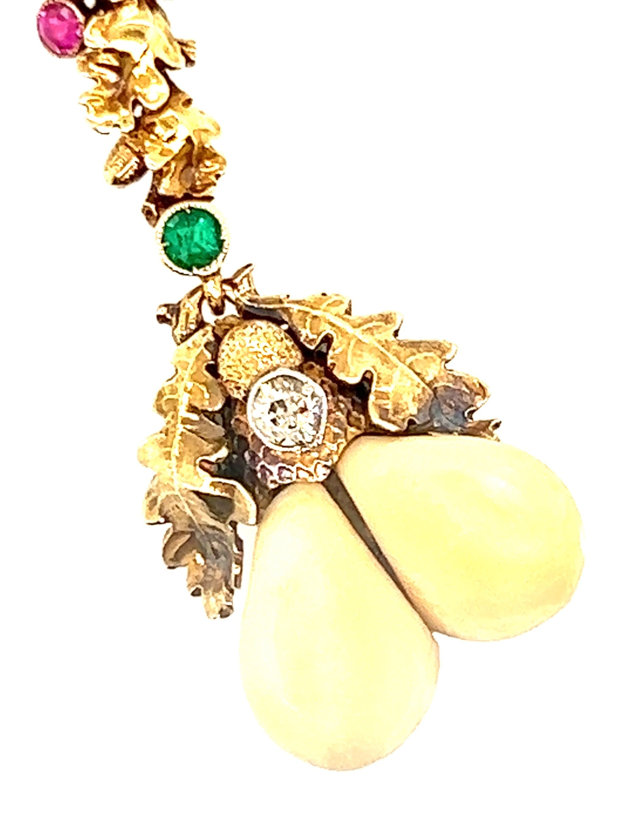 14ct & 9ct Yellow Gold Emerald, Ruby, Diamond & Acorn Seed Vintage Necklet