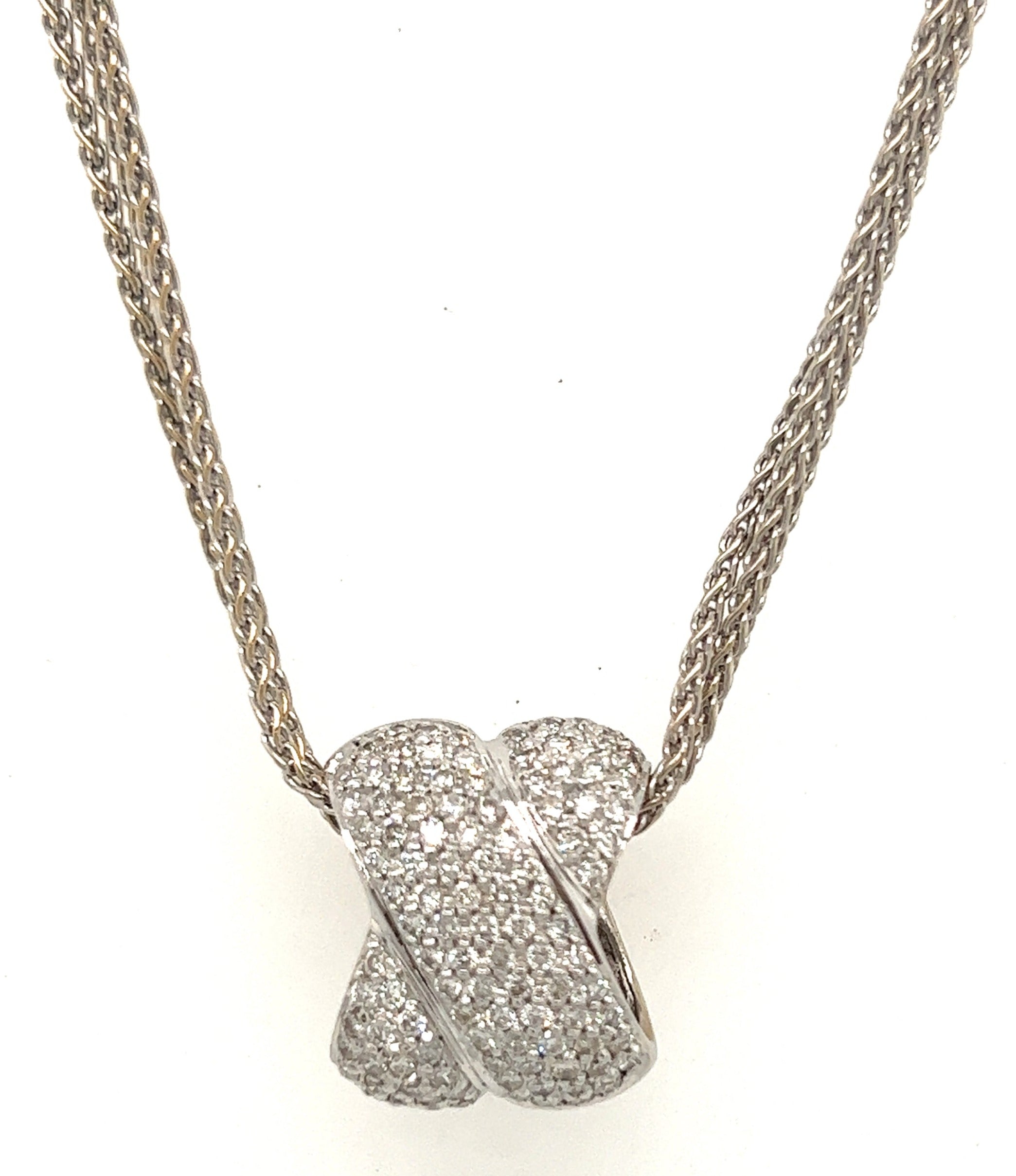 18ct White Gold & Diamond 'X' Shape Pendant with 18ct Three Strand Twist Chain Necklace