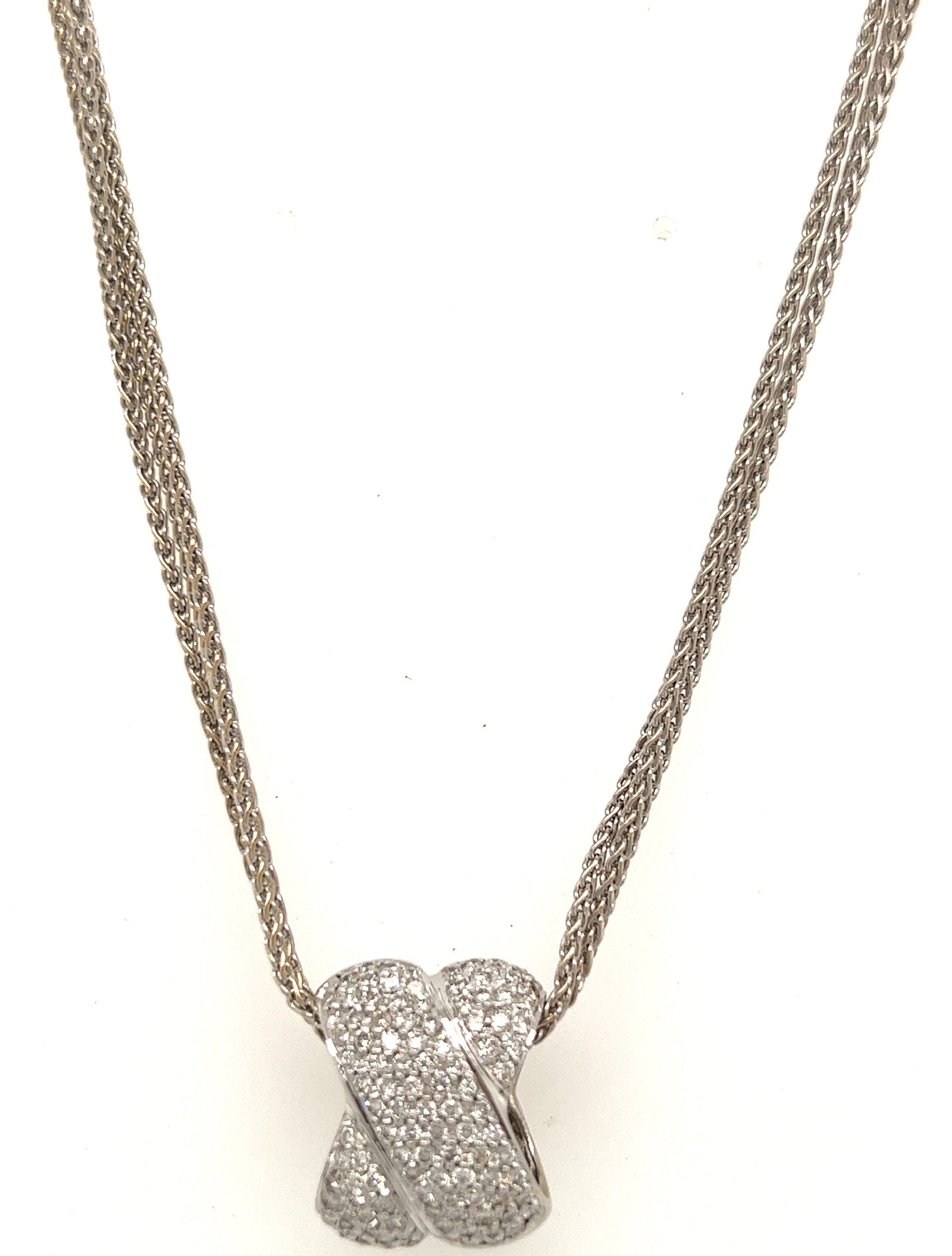 18ct White Gold & Diamond 'X' Shape Pendant with 18ct Three Strand Twist Chain Necklace