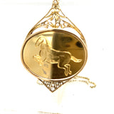 Elegant 14ct Yellow Gold, Mother of Pearl, and Diamond Pendant with Horse Engraving – A Luxurious Piece