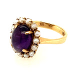 ELEGANT 18CT YELLOW GOLD 15 STONE AMETHYST & CULTURED PEARL CLUSTER RING
