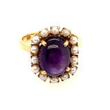 ELEGANT 18CT YELLOW GOLD 15 STONE AMETHYST & CULTURED PEARL CLUSTER RING