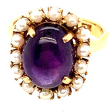 ELEGANT 18CT YELLOW GOLD 15 STONE AMETHYST & CULTURED PEARL CLUSTER RING