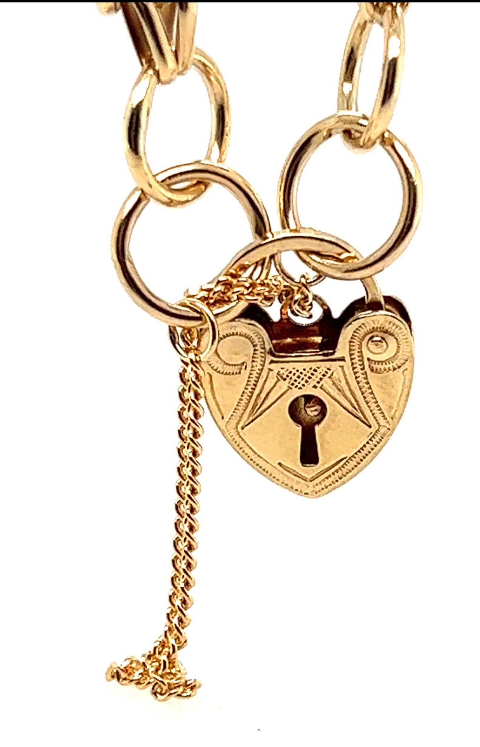 9ct Yellow Gold Gate Bracelet with Engraved Padlock Clasp & Safety Chain
