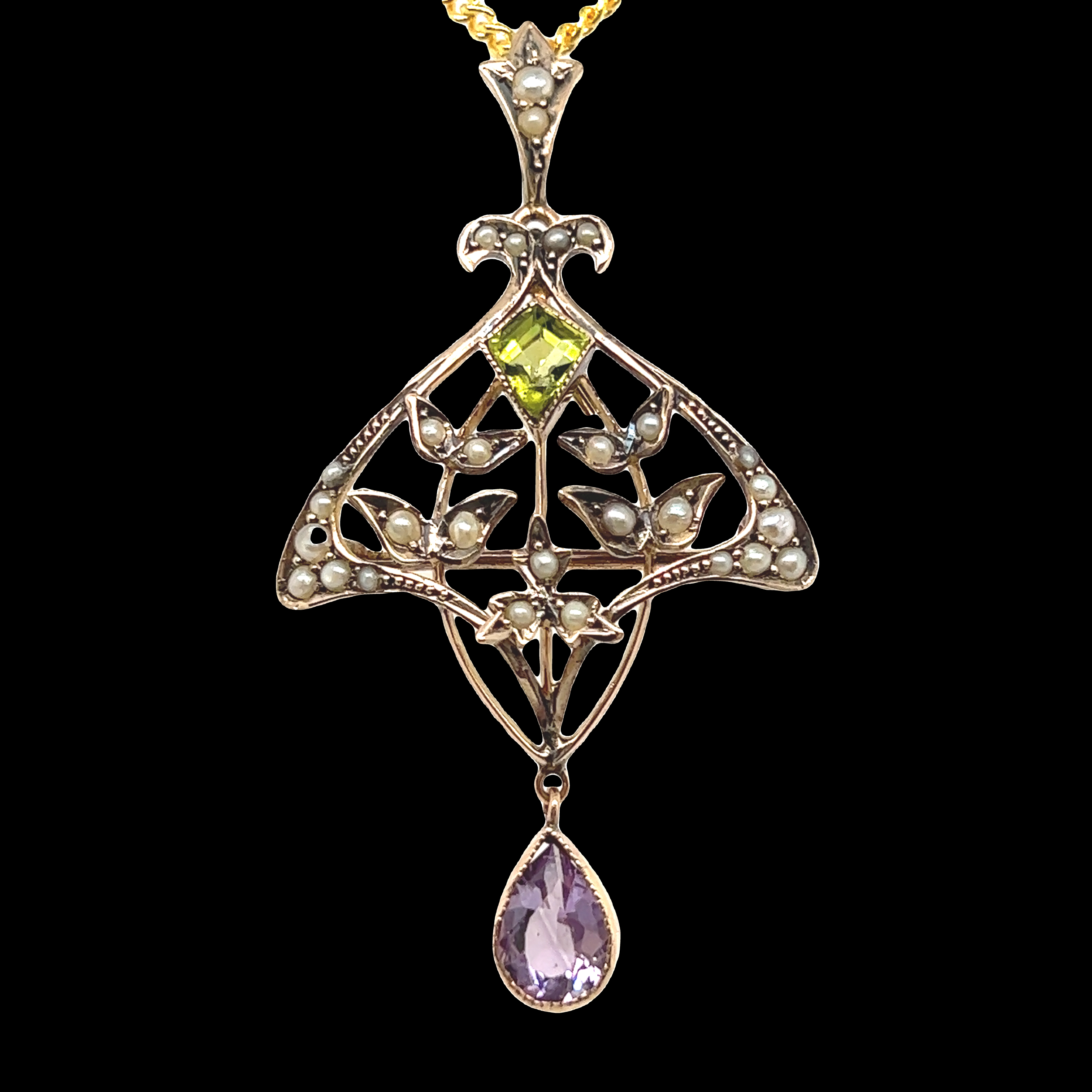 9ct Yellow Gold Brooch/Pendant with Peridot, Amethyst & Seed Pearl Gemstones