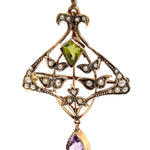 9ct Yellow Gold Brooch/Pendant with Peridot, Amethyst & Seed Pearl Gemstones