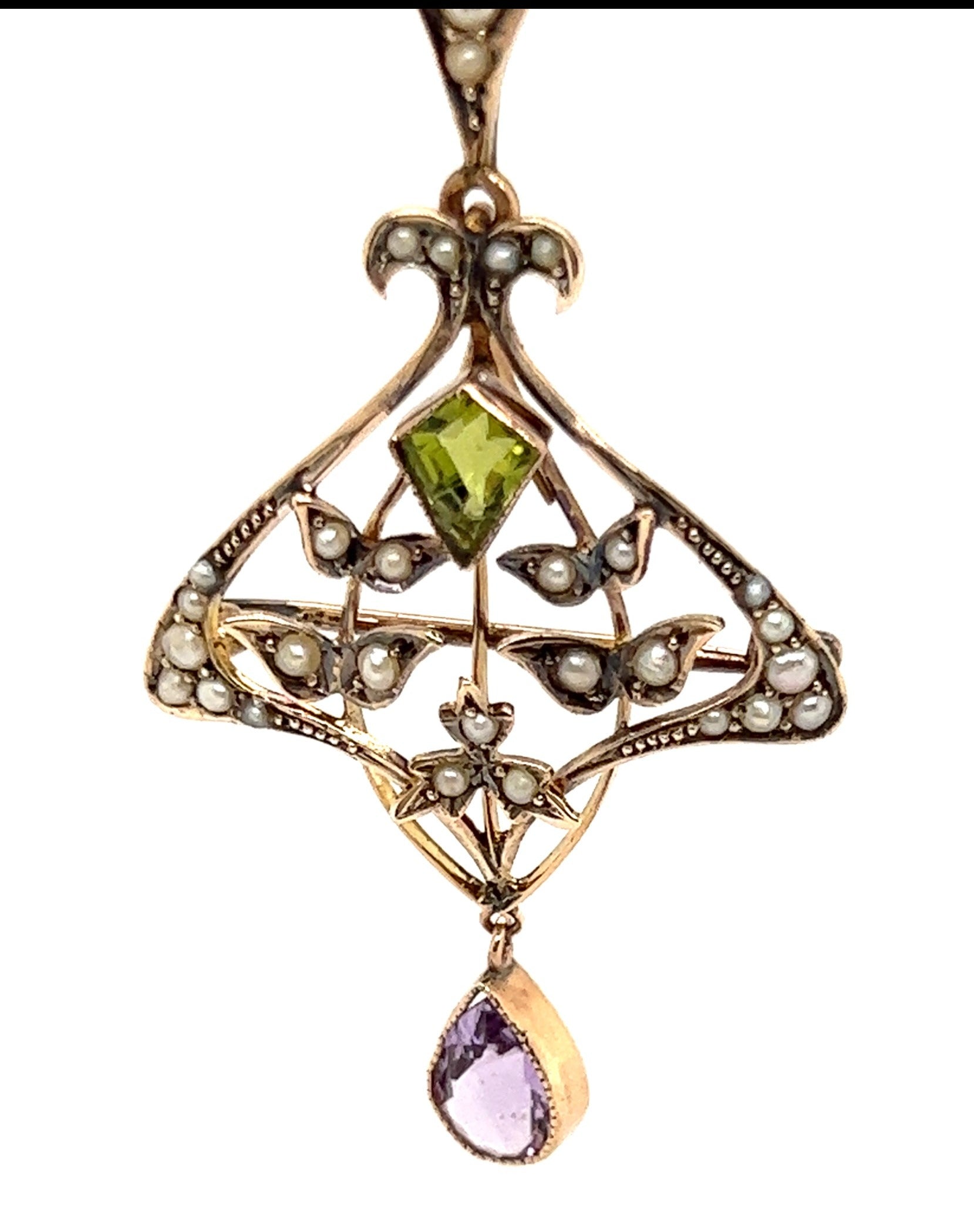 9ct Yellow Gold Brooch/Pendant with Peridot, Amethyst & Seed Pearl Gemstones