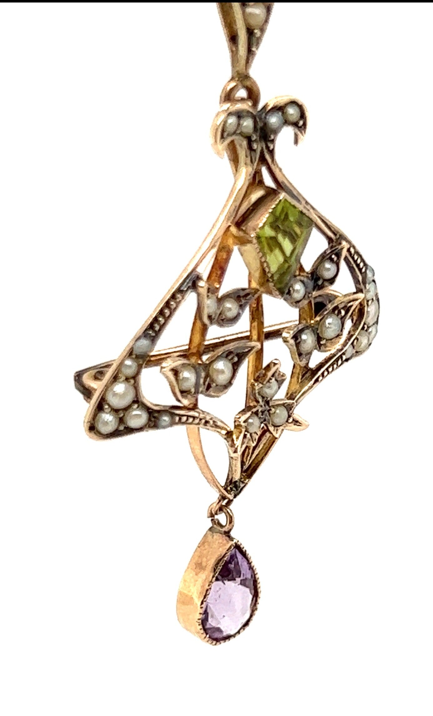 9ct Yellow Gold Brooch/Pendant with Peridot, Amethyst & Seed Pearl Gemstones